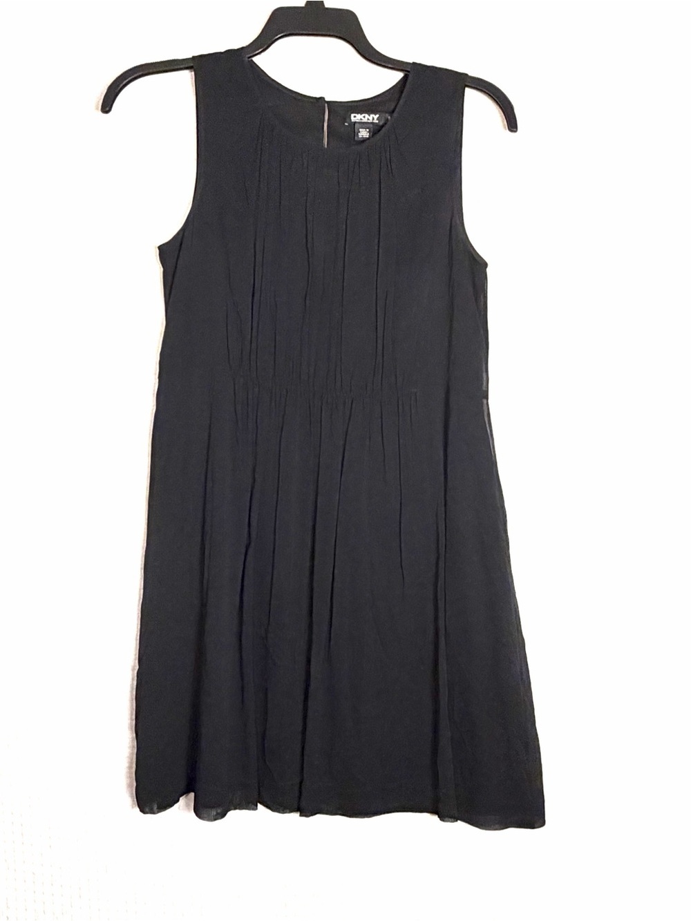 DKNY Silk Chiffon Dress Size S Black Vertical Pintuck Pleated Lined Sleeveless